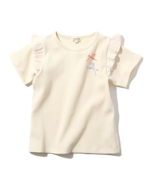 SHOO・LA・RUE(シューラルー)の「◆【100-140cm】ワッフル肩チュールリボンTシャツ(Tシャツ/カットソー・キッズ・レモンイエロー/ライトパープル/ベビーピンク/アイボリー・11/13/10/12/14)」の1枚目の写真