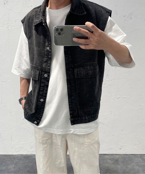 PairPair（ペアペア）の「ケミカルウォッシュジレ(ユニセックス)（ベスト・メンズ・ブラック/サックスブルー・フリー）」の12枚目の写真