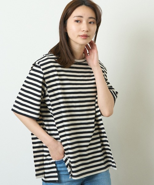 HERENCIA(ヘレンチア)の「ショルダー デザイン ボーダー ショートスリーブ カットソー(Tシャツ/カットソー・レディース・ブラック系その他/グリーン系その他/ブルー系その他/イエロー系その他・MEDIUM)」の2枚目の写真