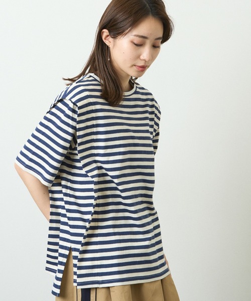 HERENCIA(ヘレンチア)の「ショルダー デザイン ボーダー ショートスリーブ カットソー(Tシャツ/カットソー・レディース・ブラック系その他/グリーン系その他/ブルー系その他/イエロー系その他・MEDIUM)」の1枚目の写真
