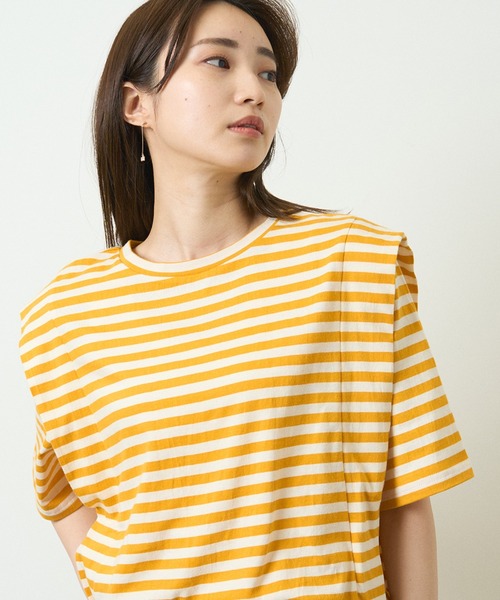 HERENCIA(ヘレンチア)の「ショルダー デザイン ボーダー ショートスリーブ カットソー(Tシャツ/カットソー・レディース・ブラック系その他/グリーン系その他/ブルー系その他/イエロー系その他・MEDIUM)」の4枚目の写真