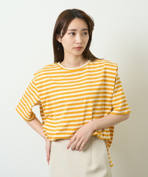 HERENCIA(ヘレンチア)の「ショルダー デザイン ボーダー ショートスリーブ カットソー(Tシャツ/カットソー・レディース・ブラック系その他/グリーン系その他/ブルー系その他/イエロー系その他・MEDIUM)」の6枚目の写真