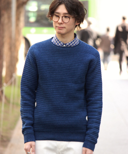 EDIFICE（エディフィス）の「◇INDIGO / インディゴ : リップル ボートネックニット（ニット/セーター・メンズ・ブルー/ネイビー・48/46/44）」の3枚目の写真