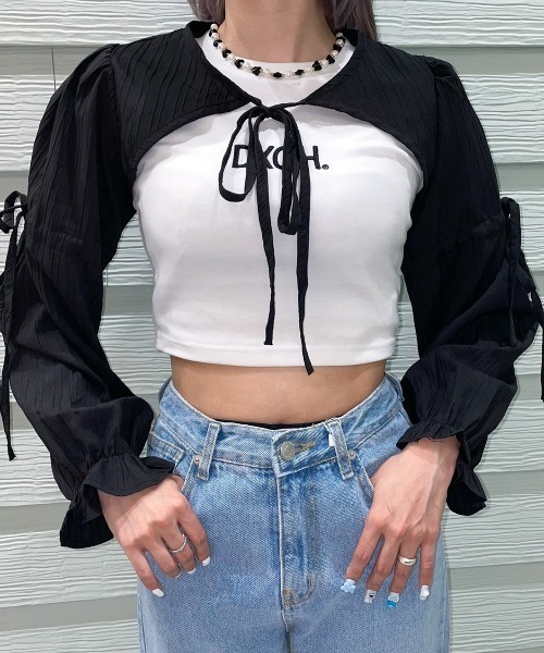 .KOM（ドットコム）の「A'GEM/9 × .kom『.kom/ドットケーオーエム』シャーリング ボレロショール シアーカーディガン（Tシャツ/カットソー・レディース・ホワイト/ブラック・FREE）」の13枚目の写真