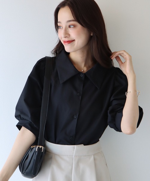 BLUEEAST（ブルーイースト）の「パフスリーブストライプシャツ（シャツ/ブラウス・レディース・ブラック/ネイビー/ブルー/ピンク/イエロー/ダークブラック/ダークネイビー/サックスブルー/ホワイト・MEDIUM）」の3枚目の写真