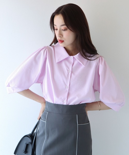 BLUEEAST（ブルーイースト）の「パフスリーブストライプシャツ（シャツ/ブラウス・レディース・ブラック/ネイビー/ブルー/ピンク/イエロー/ダークブラック/ダークネイビー/サックスブルー/ホワイト・MEDIUM）」の9枚目の写真