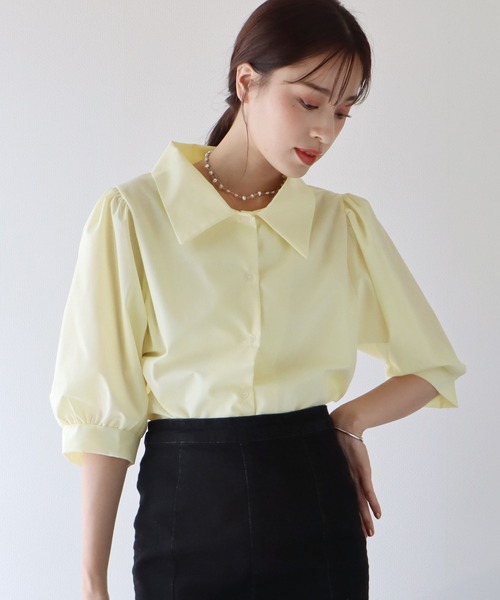 BLUEEAST（ブルーイースト）の「パフスリーブストライプシャツ（シャツ/ブラウス・レディース・ブラック/ネイビー/ブルー/ピンク/イエロー/ダークブラック/ダークネイビー/サックスブルー/ホワイト・MEDIUM）」の8枚目の写真