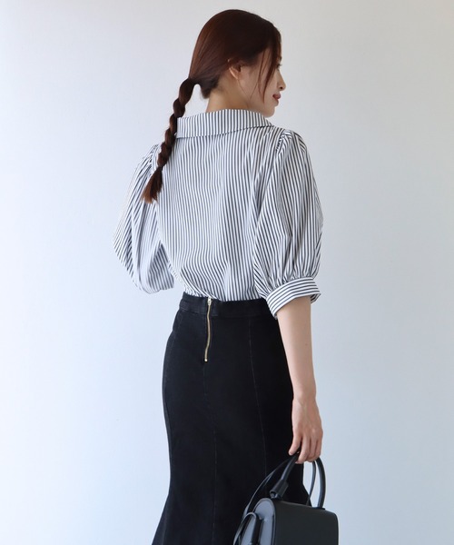 BLUEEAST（ブルーイースト）の「パフスリーブストライプシャツ（シャツ/ブラウス・レディース・ブラック/ネイビー/ブルー/ピンク/イエロー/ダークブラック/ダークネイビー/サックスブルー/ホワイト・MEDIUM）」の12枚目の写真