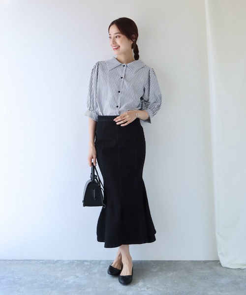 BLUEEAST（ブルーイースト）の「パフスリーブストライプシャツ（シャツ/ブラウス・レディース・ブラック/ネイビー/ブルー/ピンク/イエロー/ダークブラック/ダークネイビー/サックスブルー/ホワイト・MEDIUM）」の13枚目の写真