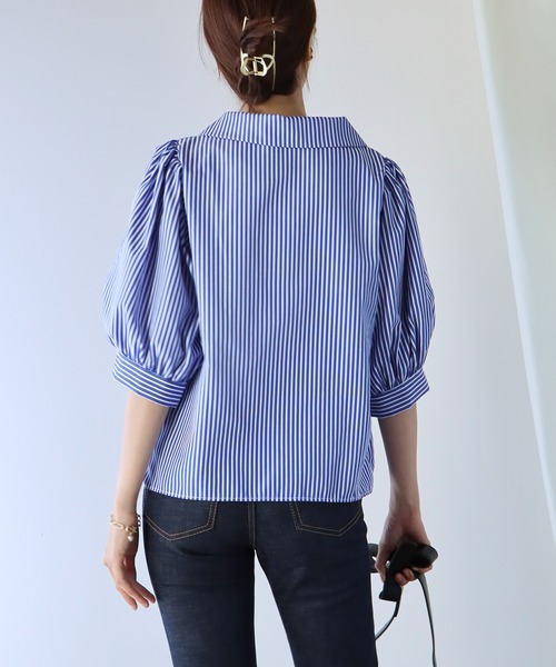 BLUEEAST（ブルーイースト）の「パフスリーブストライプシャツ（シャツ/ブラウス・レディース・ブラック/ネイビー/ブルー/ピンク/イエロー/ダークブラック/ダークネイビー/サックスブルー/ホワイト・MEDIUM）」の17枚目の写真