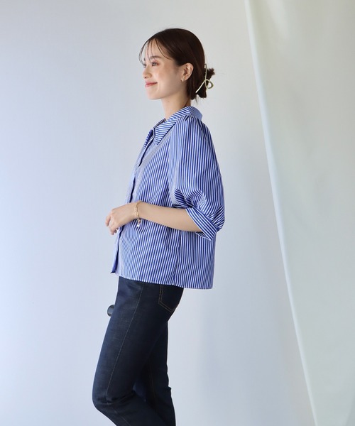 BLUEEAST（ブルーイースト）の「パフスリーブストライプシャツ（シャツ/ブラウス・レディース・ブラック/ネイビー/ブルー/ピンク/イエロー/ダークブラック/ダークネイビー/サックスブルー/ホワイト・MEDIUM）」の18枚目の写真