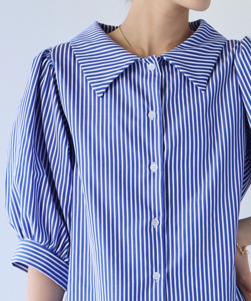 BLUEEAST（ブルーイースト）の「パフスリーブストライプシャツ（シャツ/ブラウス・レディース・ブラック/ネイビー/ブルー/ピンク/イエロー/ダークブラック/ダークネイビー/サックスブルー/ホワイト・MEDIUM）」の16枚目の写真