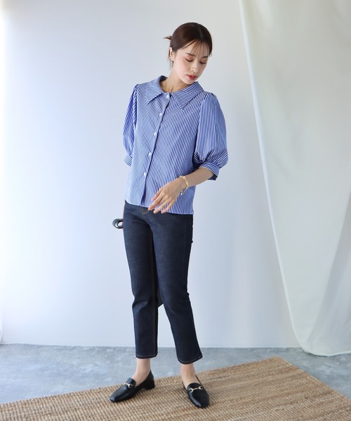 BLUEEAST（ブルーイースト）の「パフスリーブストライプシャツ（シャツ/ブラウス・レディース・ブラック/ネイビー/ブルー/ピンク/イエロー/ダークブラック/ダークネイビー/サックスブルー/ホワイト・MEDIUM）」の19枚目の写真