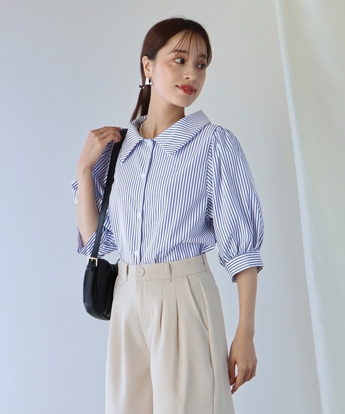 BLUEEAST（ブルーイースト）の「パフスリーブストライプシャツ（シャツ/ブラウス・レディース・ブラック/ネイビー/ブルー/ピンク/イエロー/ダークブラック/ダークネイビー/サックスブルー/ホワイト・MEDIUM）」の20枚目の写真