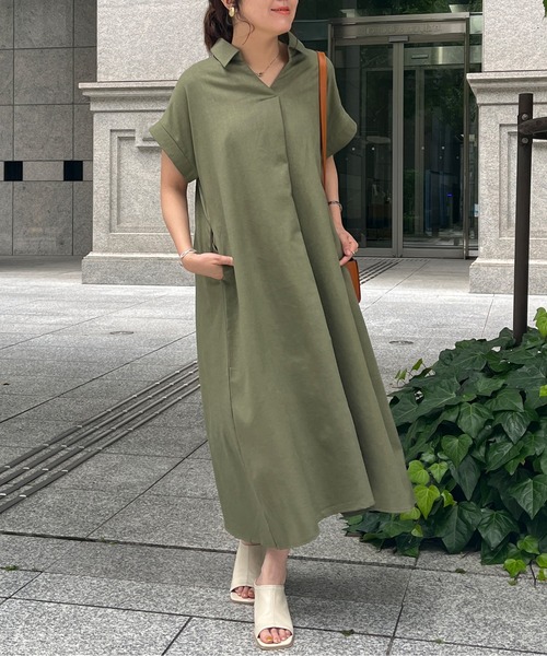 Chez toi（シェトワ）の「スキッパーフレンチスリーブシャツワンピース（シャツワンピース・レディース・ブラック/カーキ/オレンジ・FREE）」の2枚目の写真