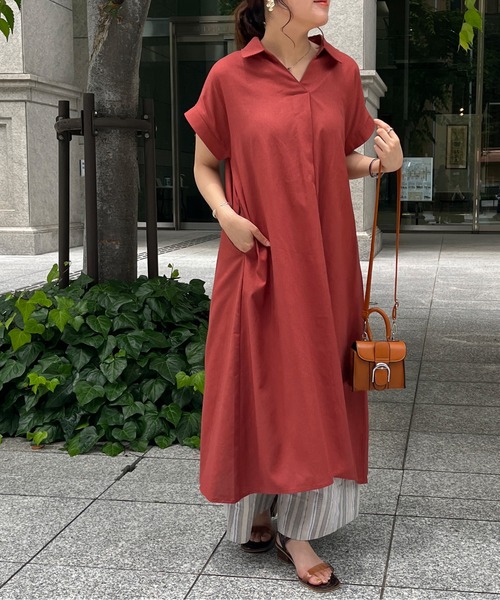 Chez toi（シェトワ）の「スキッパーフレンチスリーブシャツワンピース（シャツワンピース・レディース・ブラック/カーキ/オレンジ・FREE）」の3枚目の写真