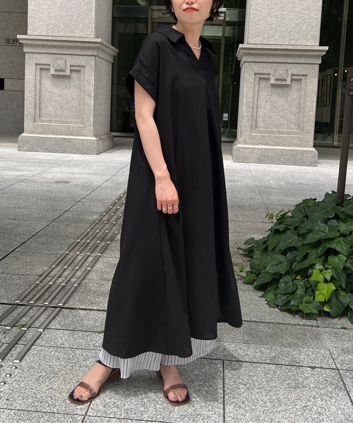 Chez toi（シェトワ）の「スキッパーフレンチスリーブシャツワンピース（シャツワンピース・レディース・ブラック/カーキ/オレンジ・FREE）」の8枚目の写真