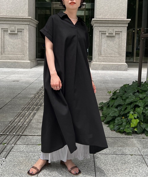 Chez toi（シェトワ）の「スキッパーフレンチスリーブシャツワンピース（シャツワンピース・レディース・ブラック/カーキ/オレンジ・FREE）」の4枚目の写真