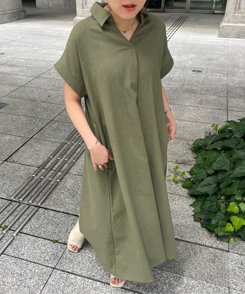 Chez toi（シェトワ）の「スキッパーフレンチスリーブシャツワンピース（シャツワンピース・レディース・ブラック/カーキ/オレンジ・FREE）」の5枚目の写真
