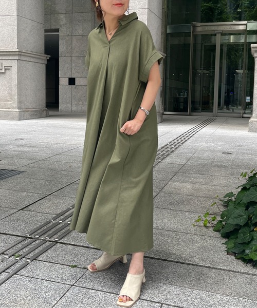 Chez toi（シェトワ）の「スキッパーフレンチスリーブシャツワンピース（シャツワンピース・レディース・ブラック/カーキ/オレンジ・FREE）」の9枚目の写真