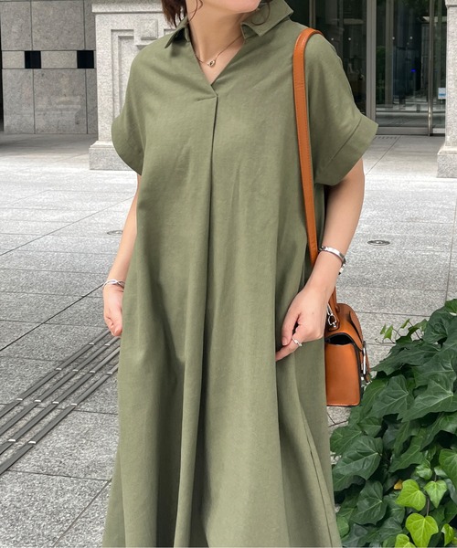 Chez toi（シェトワ）の「スキッパーフレンチスリーブシャツワンピース（シャツワンピース・レディース・ブラック/カーキ/オレンジ・FREE）」の17枚目の写真