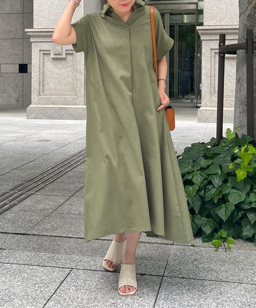 Chez toi（シェトワ）の「スキッパーフレンチスリーブシャツワンピース（シャツワンピース・レディース・ブラック/カーキ/オレンジ・FREE）」の6枚目の写真