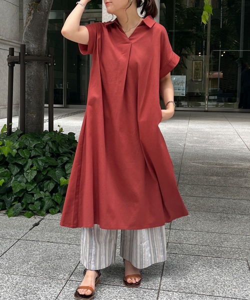 Chez toi（シェトワ）の「スキッパーフレンチスリーブシャツワンピース（シャツワンピース・レディース・ブラック/カーキ/オレンジ・FREE）」の14枚目の写真