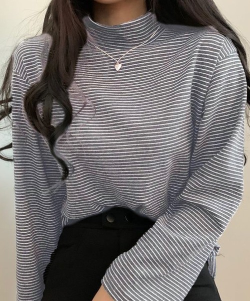 Girly Doll(ガーリードール)の「ハイネックボーダーカットソー(Tシャツ/カットソー・レディース・ホワイト/ブラウン/ブラック/グレー・F)」の4枚目の写真