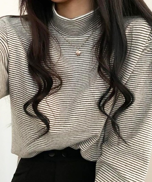 Girly Doll(ガーリードール)の「ハイネックボーダーカットソー(Tシャツ/カットソー・レディース・ホワイト/ブラウン/ブラック/グレー・F)」の6枚目の写真