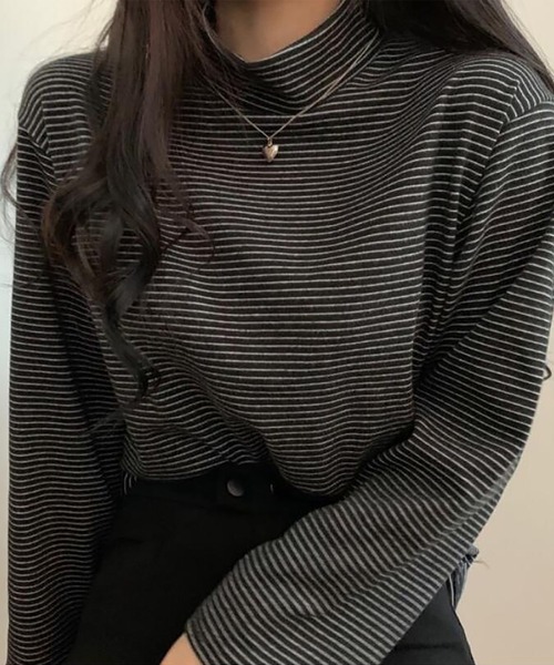 Girly Doll(ガーリードール)の「ハイネックボーダーカットソー(Tシャツ/カットソー・レディース・ホワイト/ブラウン/ブラック/グレー・F)」の10枚目の写真