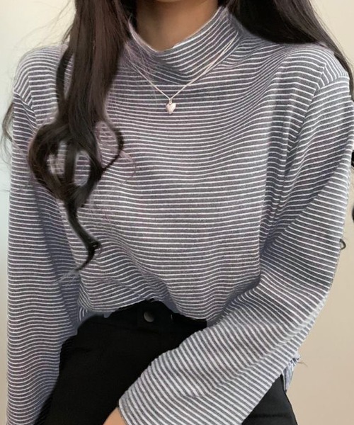 Girly Doll(ガーリードール)の「ハイネックボーダーカットソー(Tシャツ/カットソー・レディース・ホワイト/ブラウン/ブラック/グレー・F)」の5枚目の写真