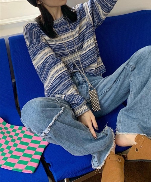 HALEY PESCA（ヘーリーペスカ）の「HALEY PESCA/アシンメトリー ボーダーロンT（Tシャツ/カットソー・レディース・カーキ/ピンク/ブラック/ブルー・LARGE/MEDIUM）」の3枚目の写真