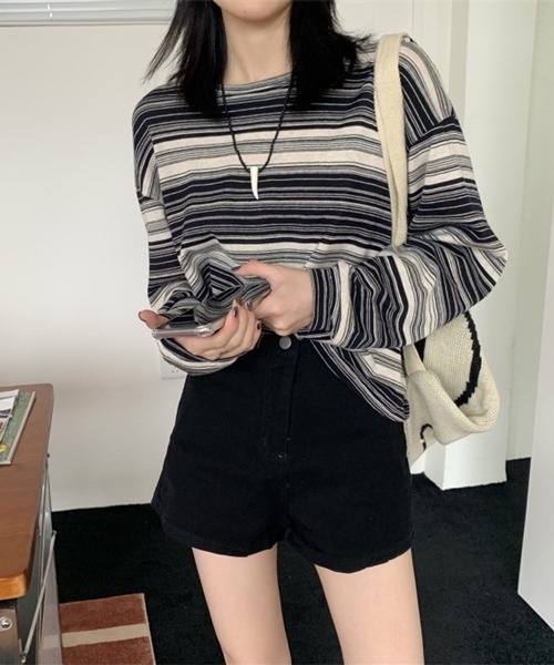 HALEY PESCA(ヘーリーペスカ)の「HALEY PESCA/アシンメトリー ボーダーロンT(Tシャツ/カットソー)」|ブラック