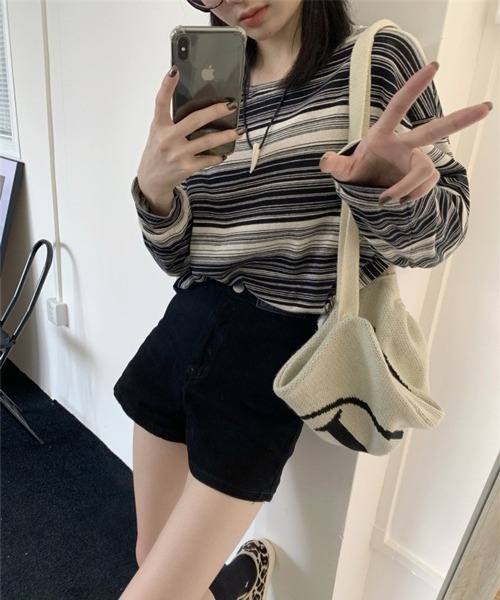 HALEY PESCA（ヘーリーペスカ）の「HALEY PESCA/アシンメトリー ボーダーロンT（Tシャツ/カットソー・レディース・カーキ/ピンク/ブラック/ブルー・LARGE/MEDIUM）」の7枚目の写真