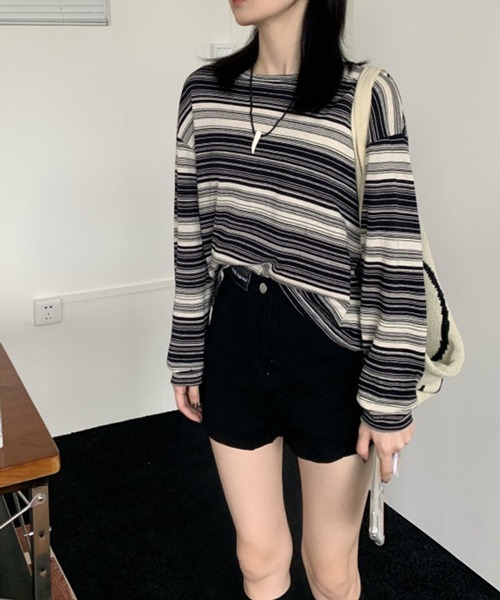 HALEY PESCA（ヘーリーペスカ）の「HALEY PESCA/アシンメトリー ボーダーロンT（Tシャツ/カットソー・レディース・カーキ/ピンク/ブラック/ブルー・LARGE/MEDIUM）」の9枚目の写真