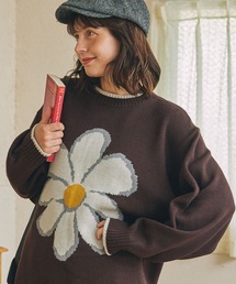 フラワージャガードニットプルオーバーブラウン