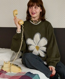 フラワージャガードニットプルオーバーカーキ