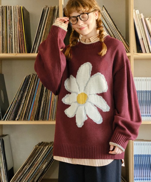 marble - マーブルシュッド　花フラワー　ジャガードプルオーバー　レッド赤　ニットセーター marble - マーブルシュッド 花フラワー ジャガードプルオーバー