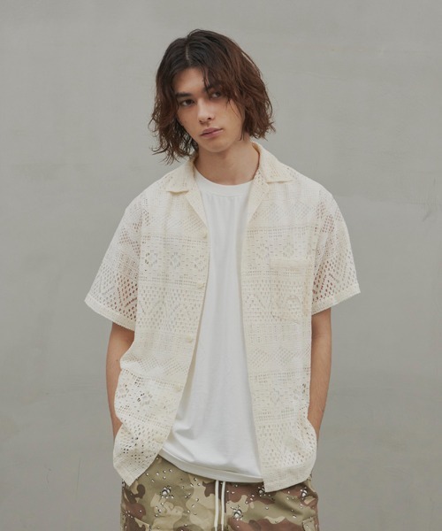 JUGLANS(ユグランス)の「【Revo.】ジオメタリックメッシュオープンカラーショートスリーブシャツ(シャツ/ブラウス・メンズ・ホワイト/ブラック・M/L)」の10枚目の写真