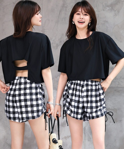 TeddyShop(テディショップ)の「【紫外線遮蔽率 99.9%以上/UPF50+/大きいサイズ有】水着 レディース 体型カバー ラッシュガード ビキニ 4点セット【WEB限定】(水着・レディース・ブラウン/ブラック系その他/ブラウン系その他/ブラック/ブラック×グリーン/グリーン/テラコッタ/チェック/ハウンドトゥース/ブラック系その他2/ブラック系その他3・LL/L/S/M/3L/4L)」の5枚目の写真