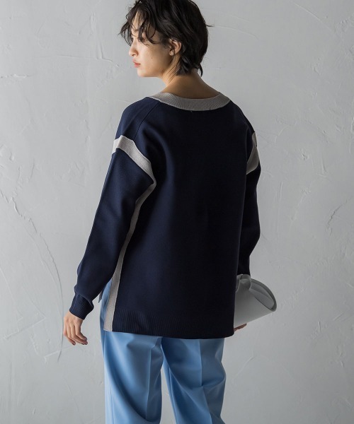 MAYSON GREY(メイソングレイ)の「カノコ編み配色ラインVネックニットプルオーバー(ニット/セーター・レディース・ブルー/ピンク/ネイビー/ホワイト・S/M)」の18枚目の写真