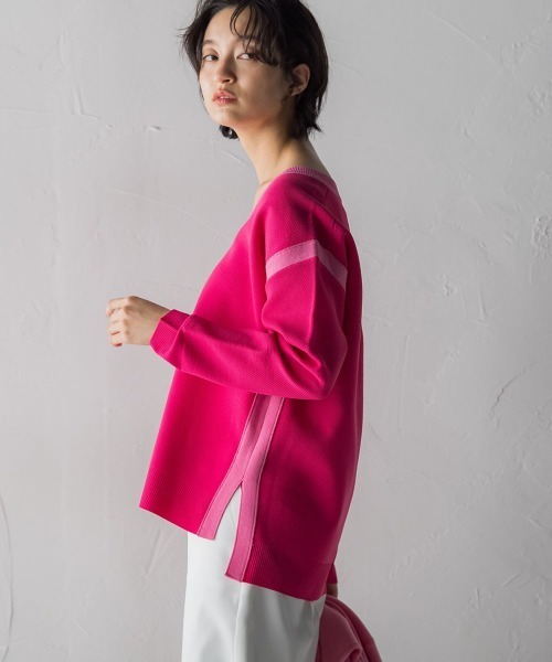 MAYSON GREY(メイソングレイ)の「カノコ編み配色ラインVネックニットプルオーバー(ニット/セーター・レディース・ブルー/ピンク/ネイビー/ホワイト・S/M)」の6枚目の写真
