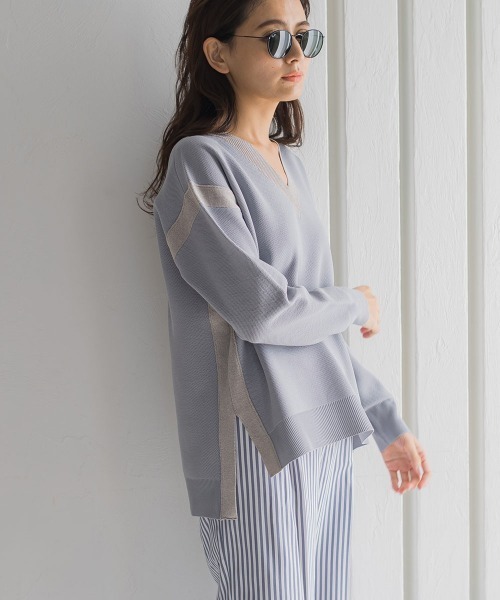 MAYSON GREY(メイソングレイ)の「カノコ編み配色ラインVネックニットプルオーバー(ニット/セーター・レディース・ブルー/ピンク/ネイビー/ホワイト・S/M)」の17枚目の写真