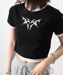 韓国製　ダークハートモチーフクロップド丈紐デザインＴシャツ 半袖
