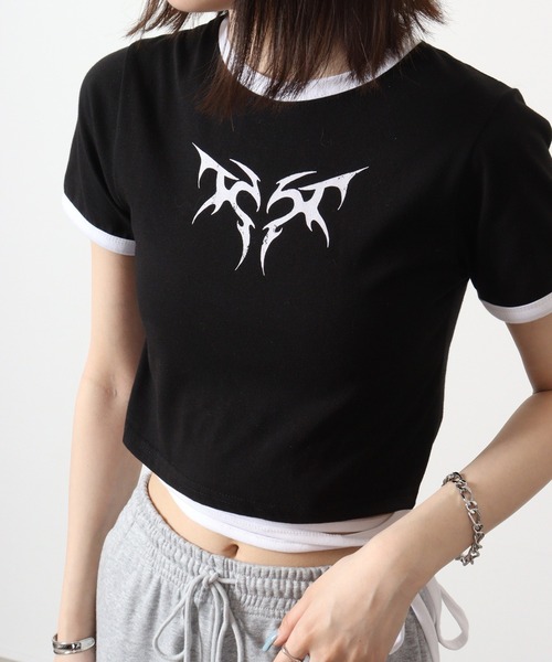 韓国製 ダークハートモチーフクロップド丈紐デザインTシャツ 半袖（T