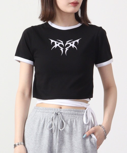 FUNALIVE(ファンアライブ)の「韓国製 ダークハートモチーフクロップド丈紐デザインTシャツ 半袖(Tシャツ/カットソー・レディース・ブラック/カーキ/ピンク/ホワイト・FREE)」の18枚目の写真