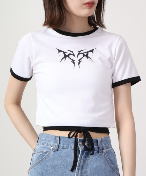 FUNALIVE(ファンアライブ)の「韓国製 ダークハートモチーフクロップド丈紐デザインTシャツ 半袖(Tシャツ/カットソー・レディース・ブラック/カーキ/ピンク/ホワイト・FREE)」の11枚目の写真