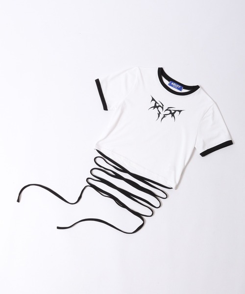 FUNALIVE(ファンアライブ)の「韓国製 ダークハートモチーフクロップド丈紐デザインTシャツ 半袖(Tシャツ/カットソー・レディース・ブラック/カーキ/ピンク/ホワイト・FREE)」の5枚目の写真