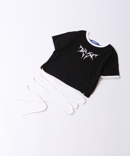 韓国製 ダークハートモチーフクロップド丈紐デザインTシャツ