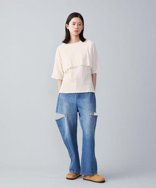 CITEN（シテン）の「＜CITEN＞レイヤード クリンプ トップ－ウォッシャブル－（Tシャツ/カットソー・レディース・オフホワイト/ブラック/ライトブルー・FREE）」の6枚目の写真